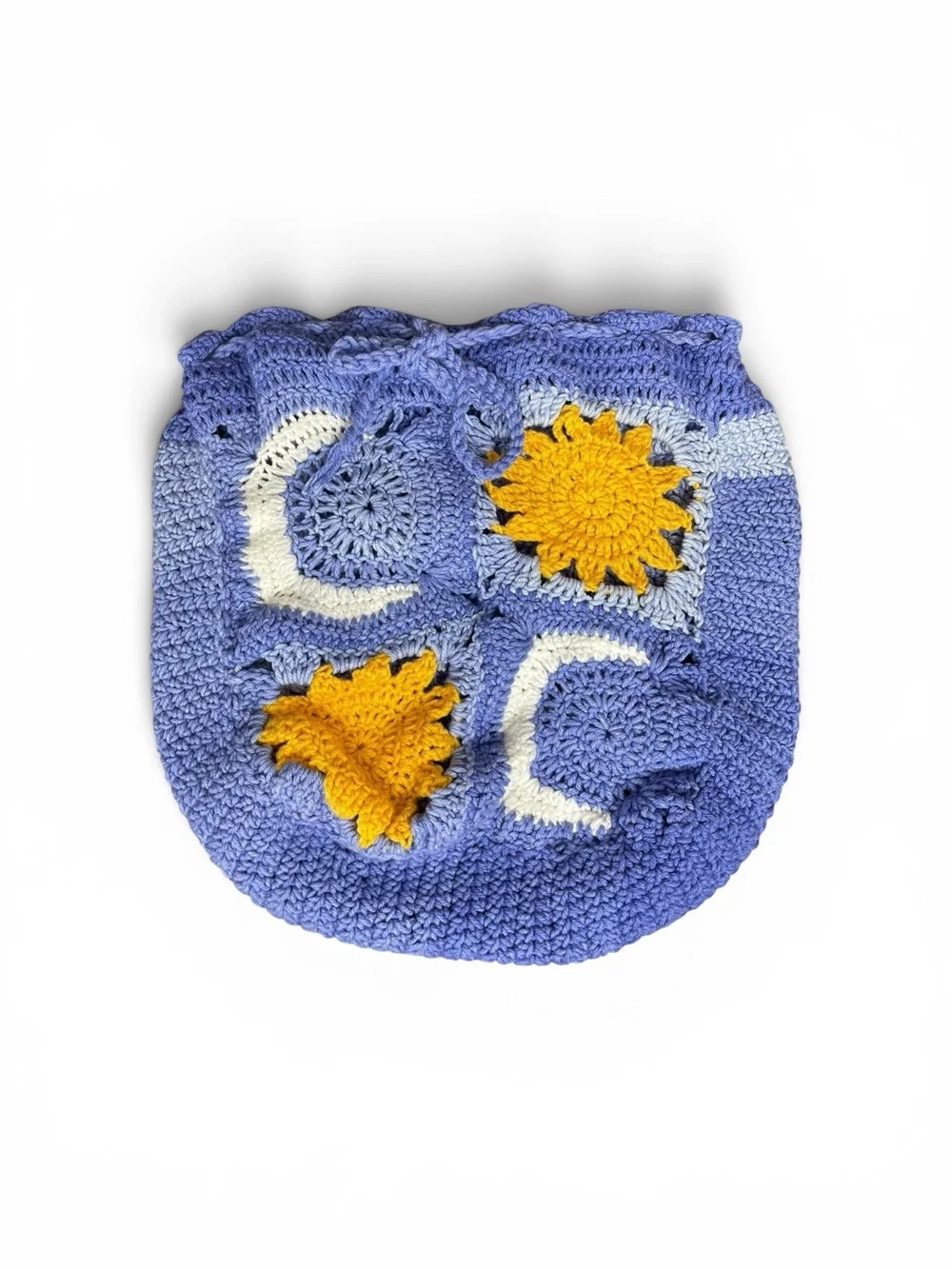 Hand-Crocheted Drawstring Bag Yellow Sun and Moon Blue Crochet‎ Knit Back Pack